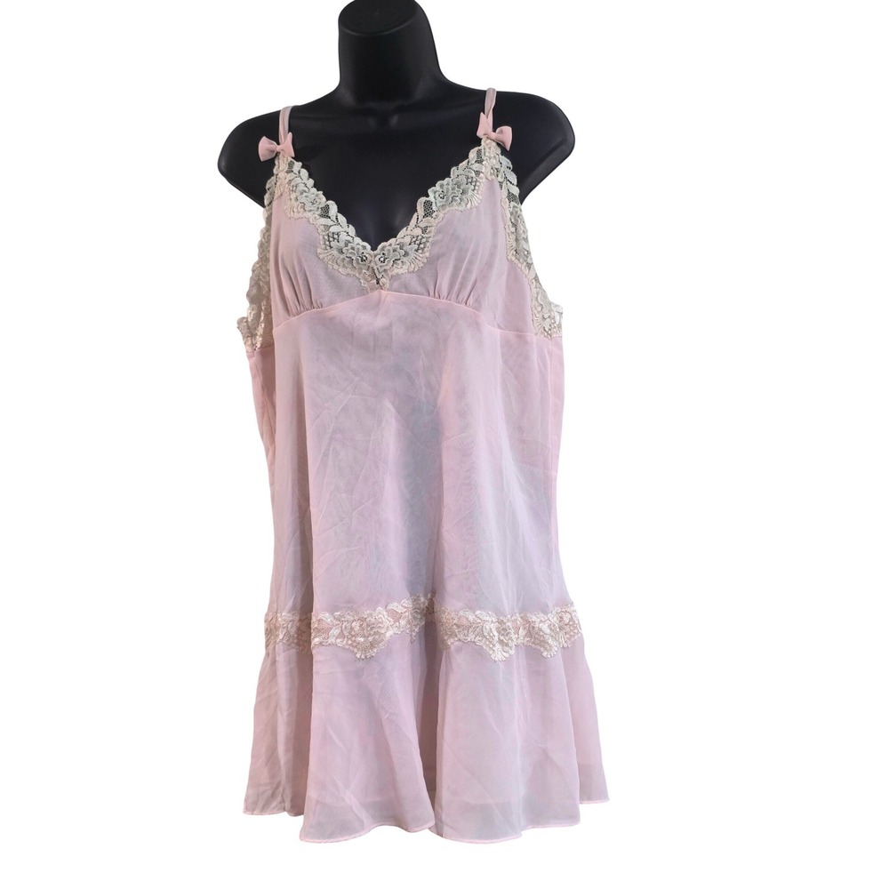 Mystique Intimates Pink Lace Trim Chemise Nightgown XL Bows Adjustable Straps